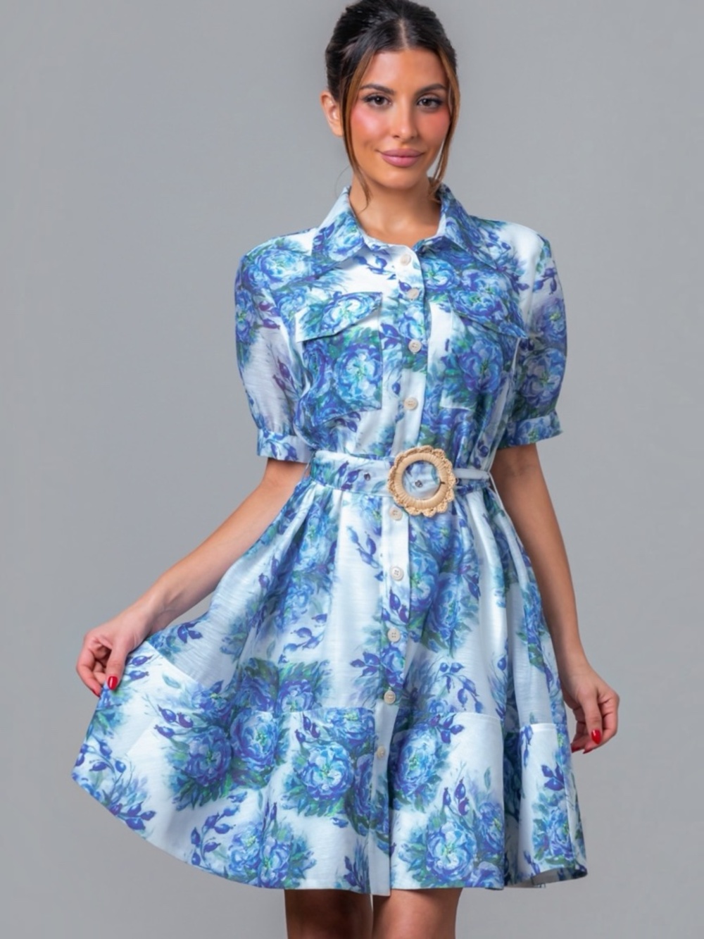 Blue Floral Print Mini Dress in Sm Med and Lg